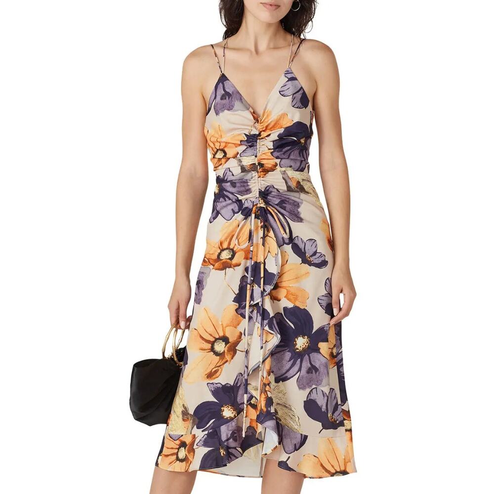 O.P.T. Purple Pansy Floral Midi Slip Dress MEDIUM Cocktail Vacation Ruched $133